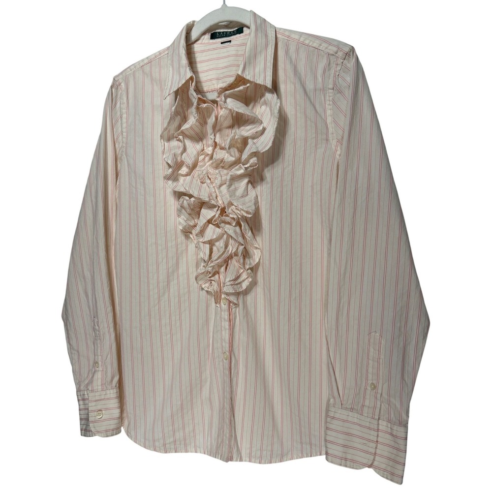 Lauren Ralph Lauren Pink Striped Ruffle Front Button Down Shirt 21"W 27"L